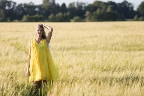 Blonde girl posing in the green barley field and enjoying summer Stock Photos