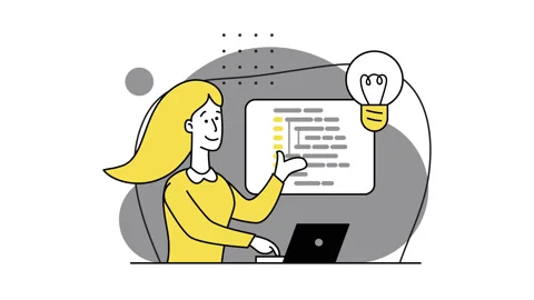 Blonde girl-programmer. A programming language, HTML. 2d flat bright animation. Stock Footage 168307015