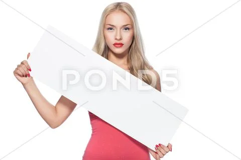Blonde girl shows poster. Stock Photos