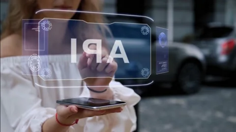 Blonde interacts HUD hologram API Stock Footage 194033102