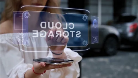 Blonde interacts HUD hologram Cloud storage Stock Footage 139670747