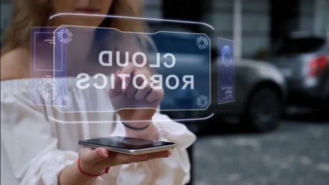 Blonde interacts HUD hologram Cloud Robotics Stock Footage 166129571