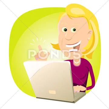 Blonde lady happy working with laptop Stock Illustration