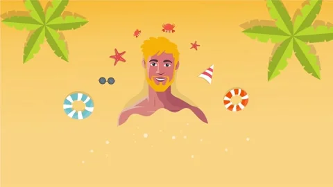 Blonde man in sand with summer elements around Stock Footage 311709191