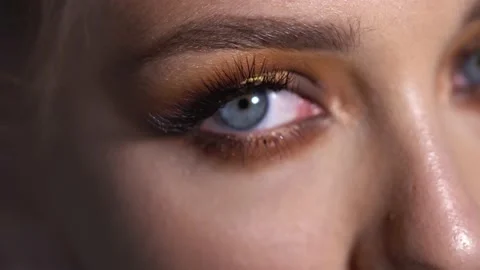 Blonde model with bright evening makeup. Beauty, fashion. Girl posing in studio Stock Footage 141085276