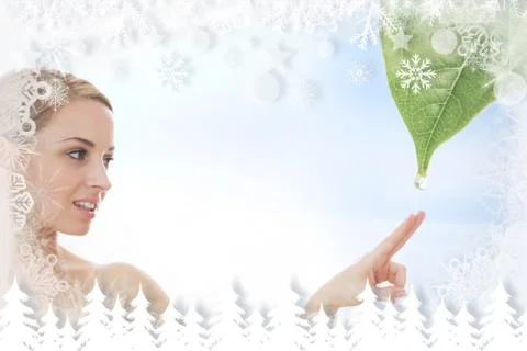 Blonde reaching out to dew drop falling from leaf Stock Illustration