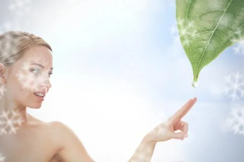 Blonde reaching out to dew drop falling from leaf Stock Illustration