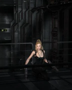 Blonde Sci-fi Heroine Crouching in a Dark City Street Illustrazione stock