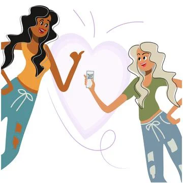The blonde shows the qr code to her friend on the smartphone screen. African Stock Illustration