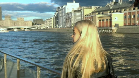 Blonde Standing By The River Stock Footage 90968589