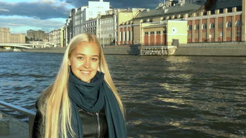 Blonde Standing By The River Stock Footage 90968625
