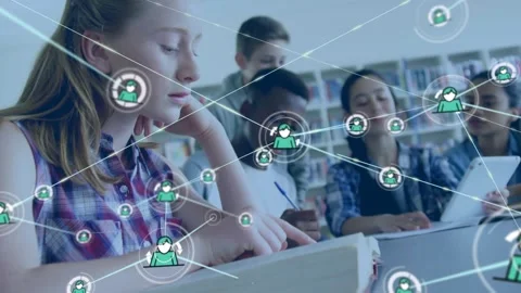 Blonde student reading, network icon appearing and expanding, linking tablet and Video stock 332288997