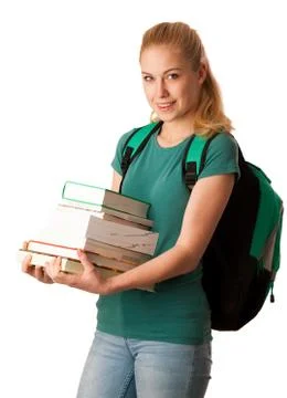 Blonde student with stack of books and backpack, happy to get knowledge and l Stock Photos