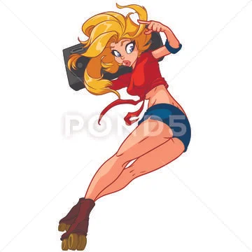 Blonde woman in jeans shorts is riding on roller blades, anime style Stock Illustration