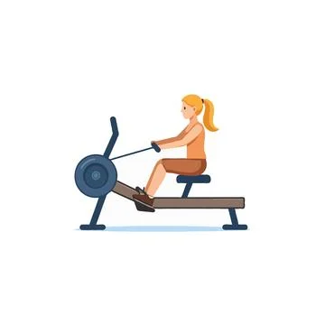 Blonde woman practicing rowing machine exercises for strength and endurance.. Ilustración de archivo