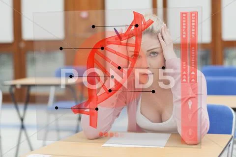Blonde woman thinking hard while studying on futuristic interface with DNA Stock Illustration