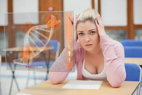 Blonde woman thinking hard while studying on interface with DNA Stock Illustration