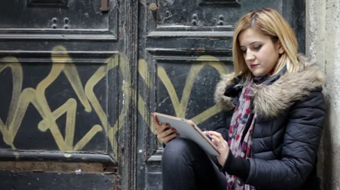 Blonde Woman Using Tablet Pc and Typing Stock Footage 34658224