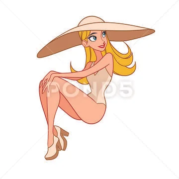A blonde woman is wearing a big hat and swimming suit and sitting on the beach Stock Illustration