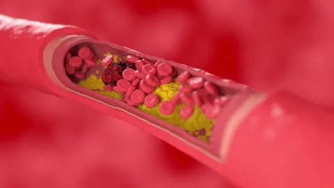 A blood clot clogs a vessel affected by a cholesterol plaque cross section view. Stock Footage