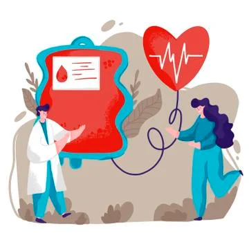 Blood donation concept vector illustration. Donor male character giving his b Stock Illustration