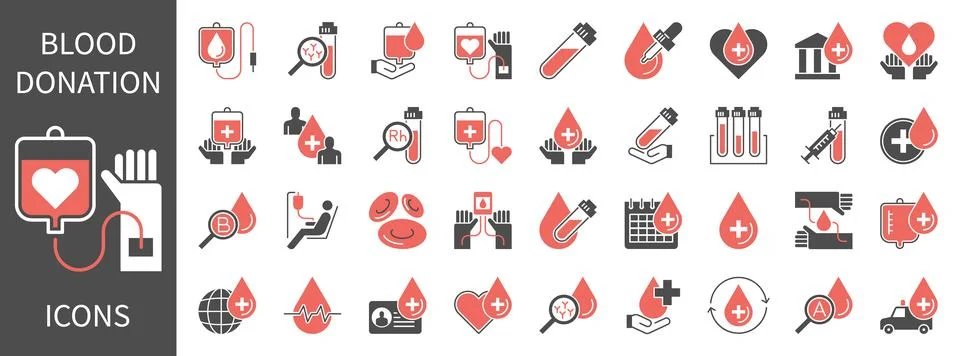 Blood donation glyph or solid line icons set. Charity, transfusion, laborat.. Stock Illustration