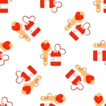Blood donation seamless pattern with arms holding hearts and blood bags Stock-Illustration