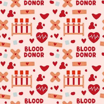 Blood donation seamless pattern with doodle elements. World blood donor day Ilustração Stock