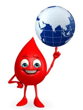 Blood drop character with globe Stock Illustration