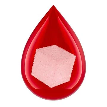 Blood drop with sugar cube. Glucose level, concept. 3D rendering Stock Illustration