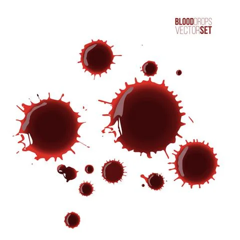 Blood drops set. Red splattered stains, splash, drip liquid spots vector Ilustración de archivo