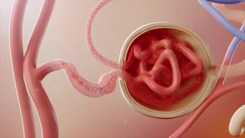 Blood flows through the glomerulus, where glomerular cells filter it Stock Footage 345199521