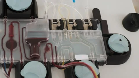 Blood flows through tubes in machine. close up view of plasmapheresis equipment Stock-Footage 159255429