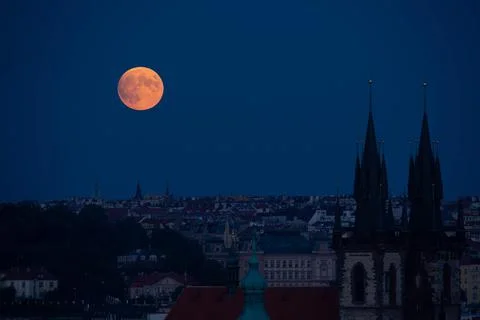 Blood Full Moon Visible in Prague city, Czech Republic Stock Photos