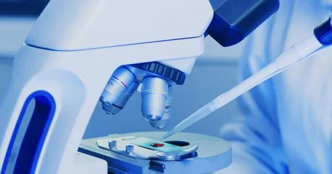 Blood, microscope and test with hands of person in lab for forensic patholo.. Stock Photos