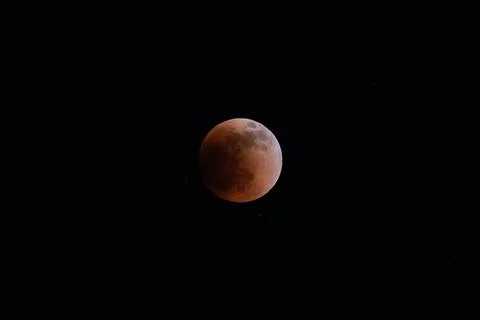 Blood moon total lunar eclipse super moon rising against dark sky Fotos Stock
