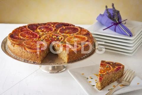 Blood Orange Upside Down Cake Made With Polenta; Sliced