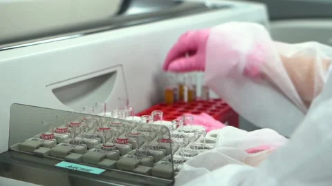 Blood plasma samples in test tubes on vial rack. Coronavirus epidemic chemistry. Stock Footage 157638088