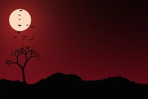 Blood red night sky with full moon and flying bats above lone tree for horr.. Ilustração Stock