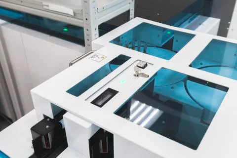 Blood samples bar code scanner, medical lab Stock Photos