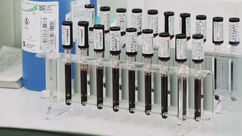 Blood samples in test tubes on a rack in a clinical laboratory setting. Stock Footage 329998257