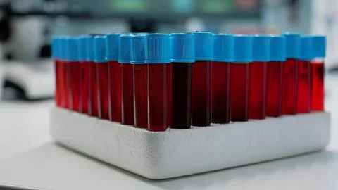 Blood samples in test tubes on rack Stock-Fotos
