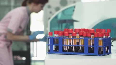 Blood samples in vibrant test tubes with a focused medical worker in the Stock Footage 311543803