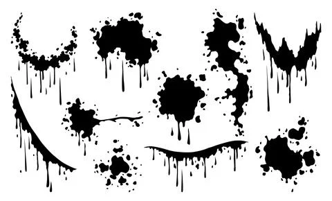 Blood splashes and splatters. Black paint spot drip, drop or stain blot, patch Ilustración de archivo
