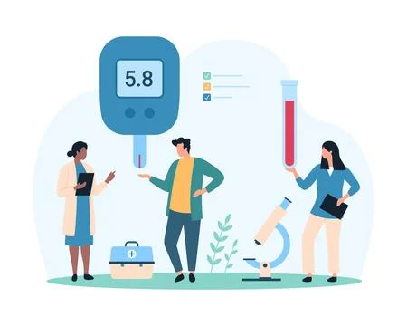 Blood sugar control for diabetes, tiny people test blood of patient with Stock Illustration