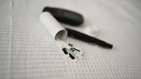 Blood sugar glucose meter glucometer, diabetes blood glucose test Stock Footage 128331544