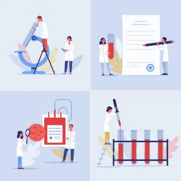 Blood test analysis by laboratory workers - cartoon poster set イラスト素材