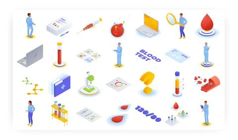 Blood test laboratory analysis, vector isometric icon set. Medical lab staff Stock Illustration