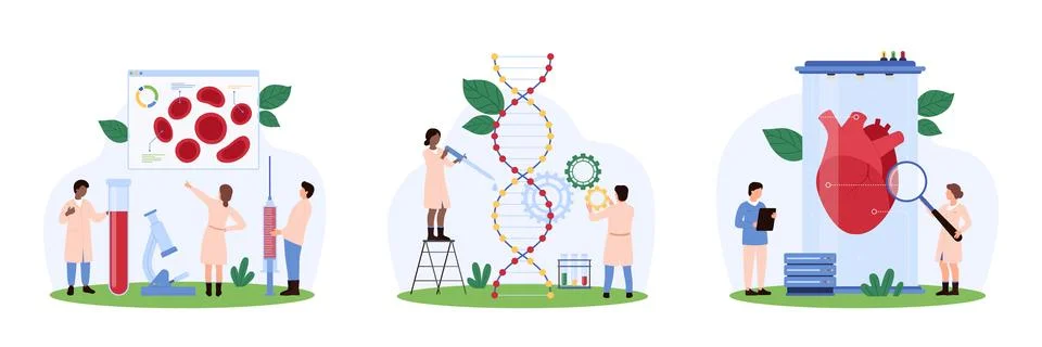 Blood test in laboratory set, tiny people check health of heart, blood sample in 스톡 일러스트