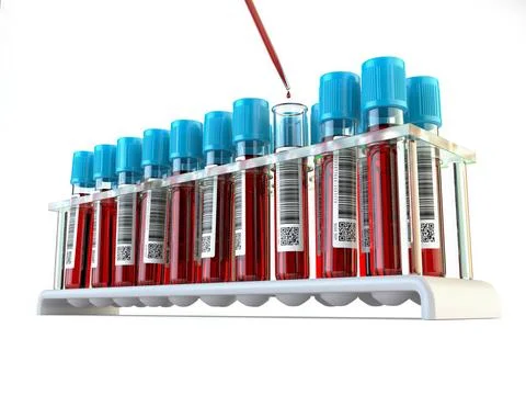 Blood test samples tubes and blood test pipette adding fluid to one of tub... Fotos Stock